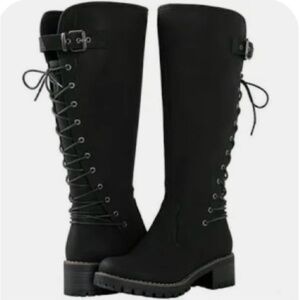 GLOBALWIN Lace Up Back Knee High Fashion Boots, Women’s 9, Black, New